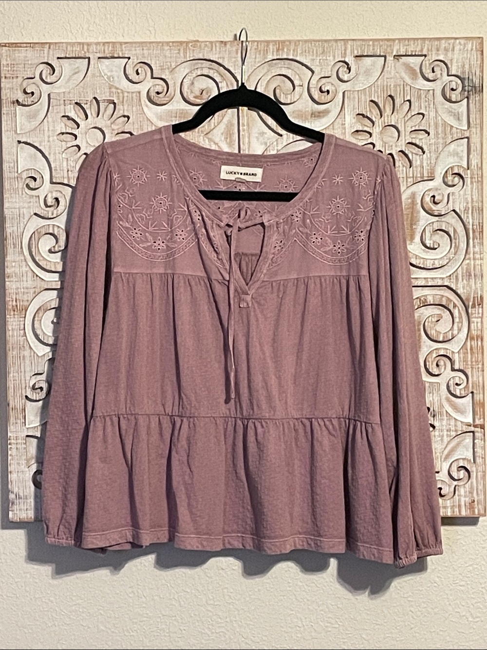 Lucky Brand Mauve Embroidered Tie-Neck Tunic